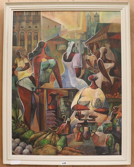 Central American School, oil on canvas, women in a market place, indistinctly signed and dated 1995, 77 x 58cm